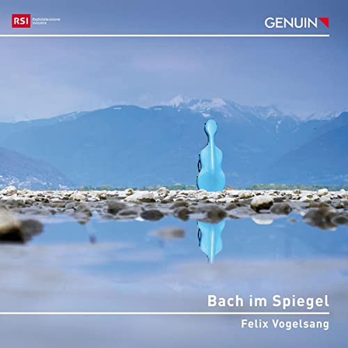 CD cover: blue cello reflected in water with mountains in background.