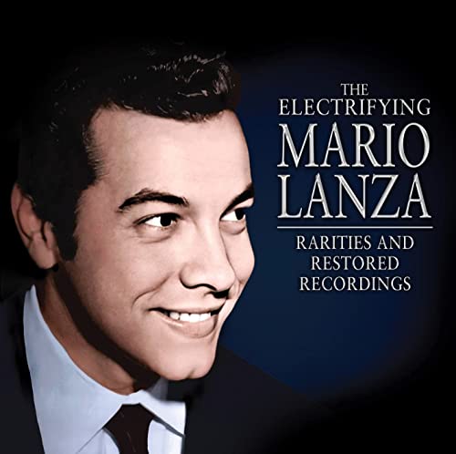 Portrait of Mario Lanza on a dark blue background with white text.