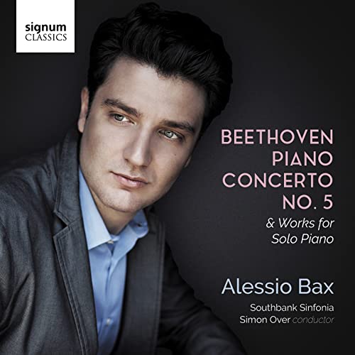 CD cover featuring pianist Alessio Bax, text "Beethoven Piano Concerto No. 5".
