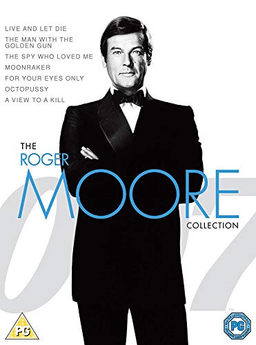 Black and white photo of Roger Moore in a tuxedo on DVD cover.