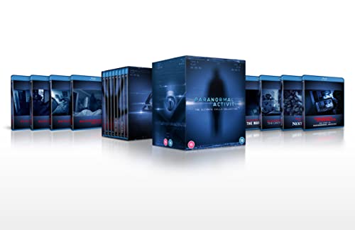 Paranormal Activity" Blu-ray collection box set with multiple cases arranged in a row.
