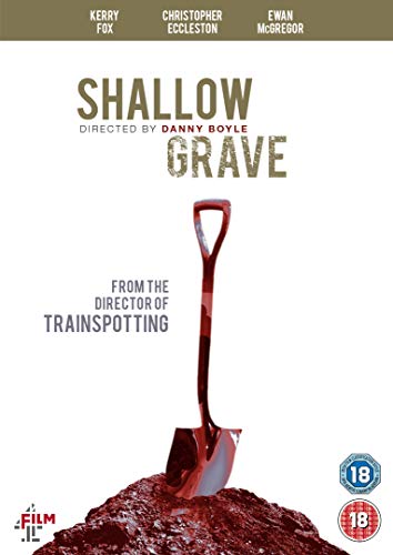 DVD cover for Shallow Grave featuring a blood-stained shovel standing in a mound of dirt.
