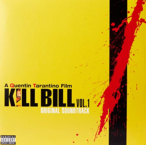 "Yellow and black vinyl record cover with red splatter and 'Kill Bill Vol. 1' text."