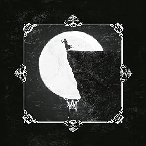 Dark album cover with a large moon and silhouetted figure on a cliff.