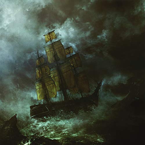 Dark, stormy seascape with a large sailing ship battling high waves.