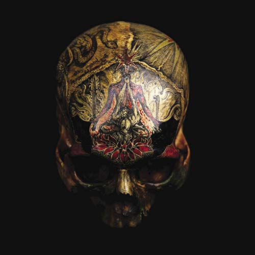 A human skull with ornate, colorful artwork on the cranium against a black background.