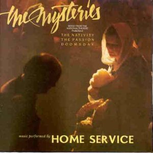"CD cover with a dark image of Mary holding Jesus, text 'the Mysteries' and 'Home Service'."