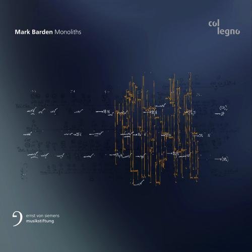 CD cover for "Barden: Monoliths" with abstract golden lines on dark blue.