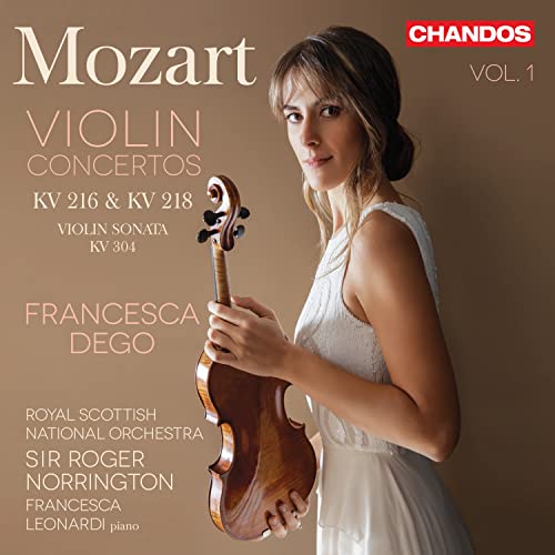 CD cover featuring violinist Francesca Dego with her violin, Mozart album.