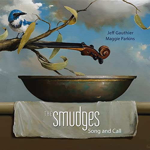 CD cover with bird, violin, bowl, and painted sky background.