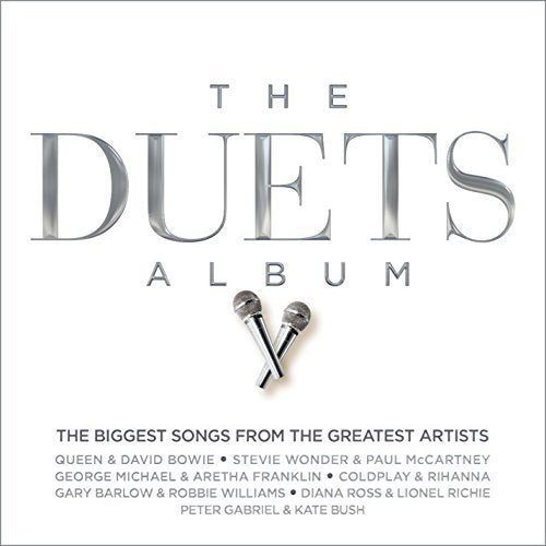 CD cover for “The Duets Album” featuring crossed microphones and artist names.