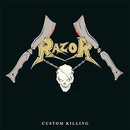 Razor album cover: skull with crossed cleavers and band name in gold.