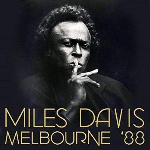 Black and white portrait of Miles Davis with text “Miles Davis Melbourne ‘88”.