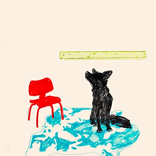 Black dog and red chair on blue, against a cream background.