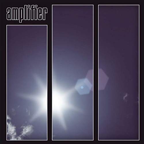 "Album cover with three panels showing a bright light and geometric shapes on a dark background."