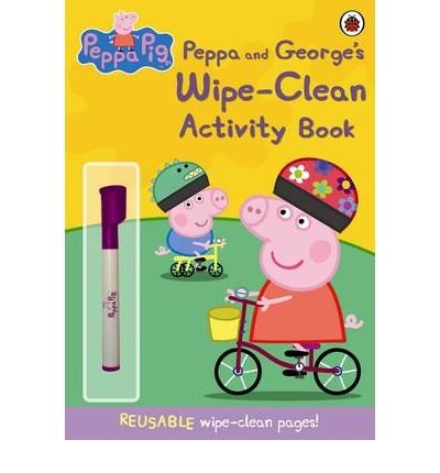 "Peppa Pig activity book cover featuring Peppa and George riding bicycles, with a purple marker."