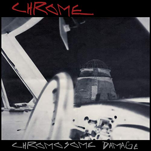 Black-and-white album cover with a surreal image and red and white text overlay.