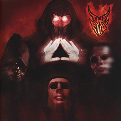 Dark red album cover with hooded figures and a flame logo.