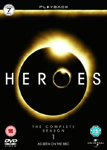 "Heroes Season 1 DVD cover with black background, yellow eclipse, and white 'Heroes' text."