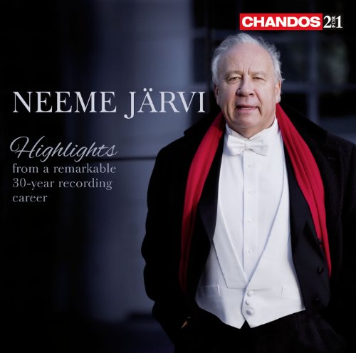 Neeme Järvi portrait on CD cover, wearing a tuxedo and red scarf.