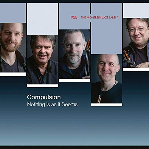 "Album cover featuring a grid of four men's portraits with a blue gradient background."