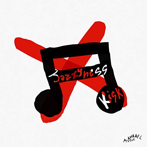 CD cover with abstract red and black musical note design, text "Jazzyness" and "Kisk".