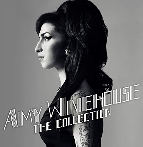 Black and white portrait of Amy Winehouse, album cover for "The Collection.