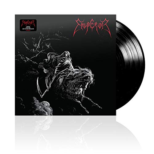 "Black vinyl record with cover art featuring a hooded figure and red text."