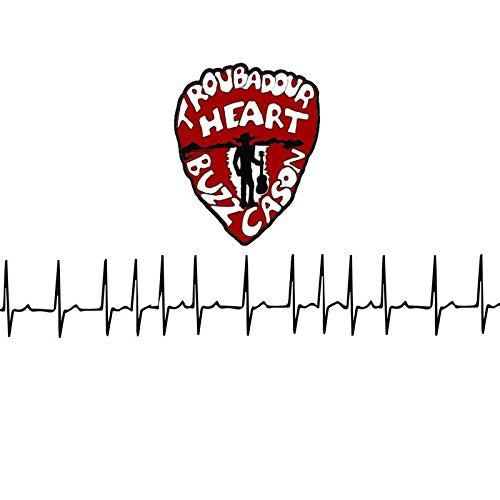 Red guitar pick logo with "Troubadour Heart" and "Buzz Cason" on a white background.