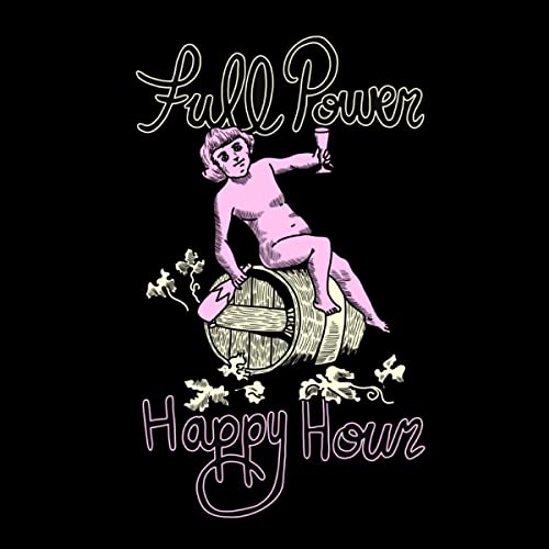 Pink illustration of a cherub on a barrel, holding a glass.