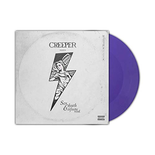 Purple vinyl record with white cover featuring black lightning bolt and angel illustration.
