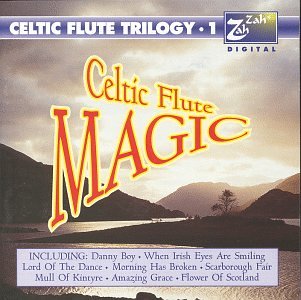 "CD cover with 'Celtic Flute Magic' text over a serene mountain landscape."