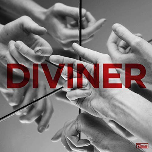 Black and white photo of hands reflected in mirrors with red text reading DIVINER.