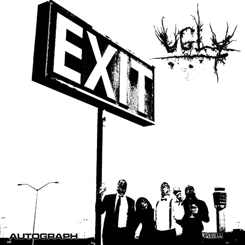 Black and white album cover featuring an "EXIT" sign and a band.