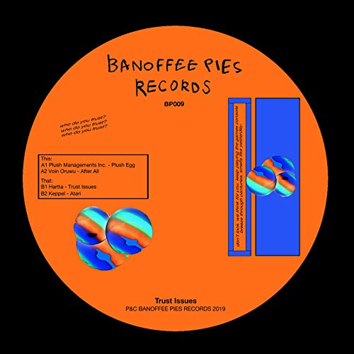 Orange vinyl record label with blue and red abstract sphere graphics.