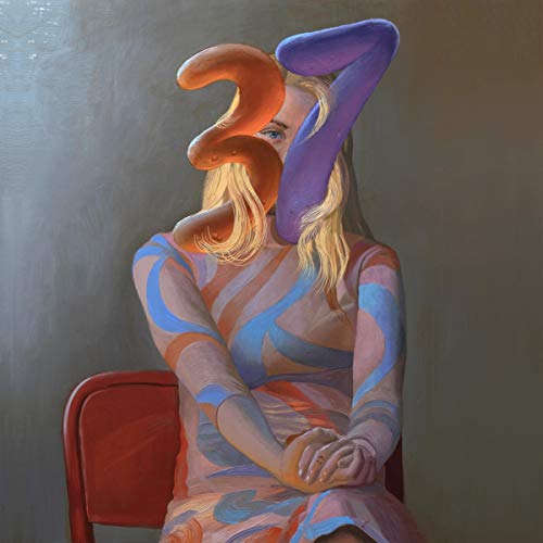 A woman sits on a red chair, her face obscured by abstract shapes.