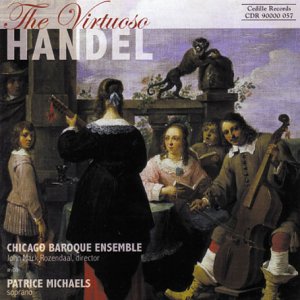"CD cover art: 18th-century scene with musicians, title 'The Virtuoso Handel' and ensemble name."