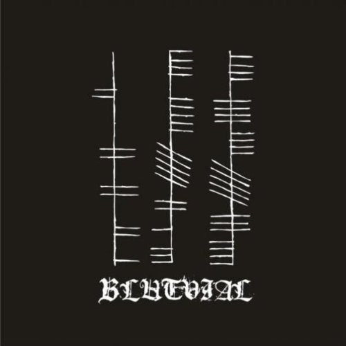 Black background with white, stylized runes and the band name "Blutvial".