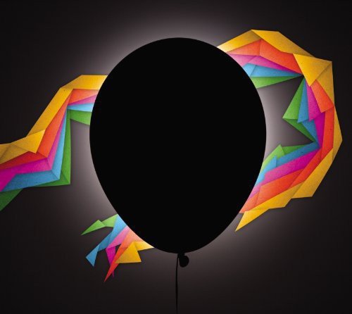 The image depicts a black balloon surrounded by colorful, abstract shapes against a dark background. For accessibility purposes, a concise alt text could be: "A black balloon surrounded by multicolored, geometric shapes."