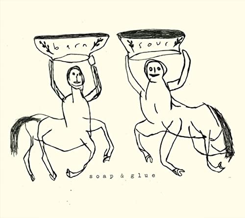 Black and white line drawing of two centaur-like figures holding bowls.