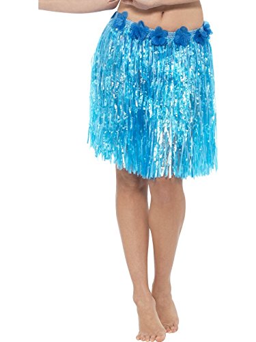 Woman wearing a blue, sequined hula skirt with flowers around the waist.