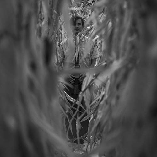 Black and white image of a man surrounded by thorns, holding a guitar.