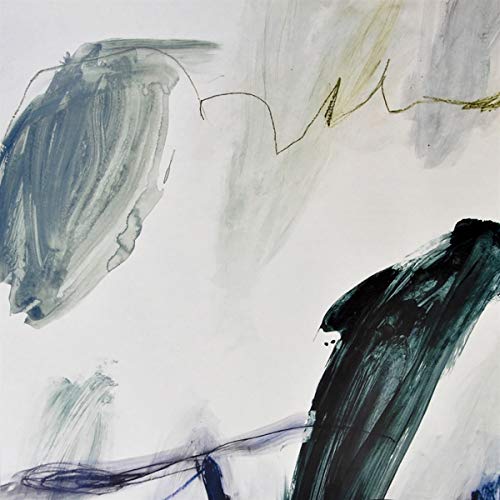 Abstract painting with grey, black, and gold brushstrokes on a white background.