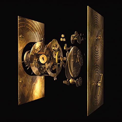 Exploded view of a gold-toned vinyl record player mechanism.