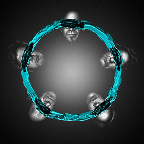Circular teal brushstroke framing multiple distorted faces in grayscale.