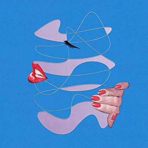 Collage of red lips, hands, and a bird against a blue background.