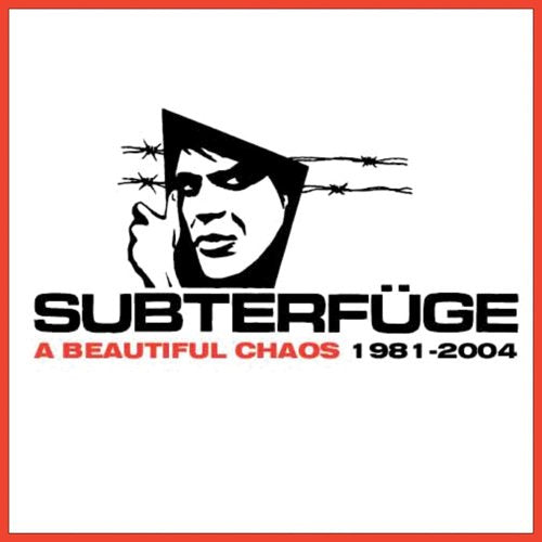 Subterfuge album cover: black and red graphic of a face with barbed wire.