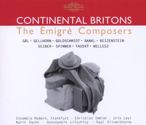 "CD cover with fedora hat on a suitcase, red and white background."