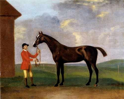 Painting of a dark horse and jockey standing in a grassy field.