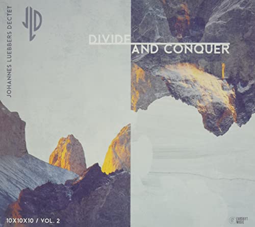 CD cover for Johannes Luebbers Dectet’s “Divide and Conquer,” featuring rocky terrain.